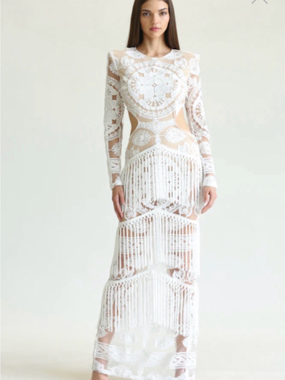 White Crochet Fringe Long-Sleeve Maxi Dress